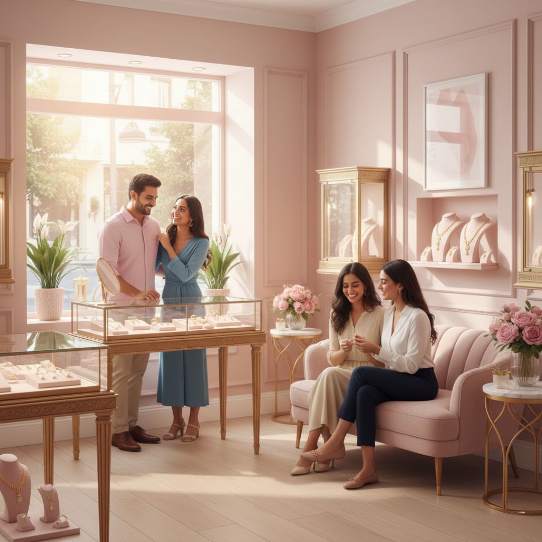 Interior view of the Craft Setter, a warm and elegant jewellery space designed to reflect handcrafted artistry. The studio is styled in soft blush, muted rose gold, and natural wood tones. A wooden slat ceiling with warm hanging lights creates an inviting glow, while a blush-toned tufted sofa and a handcrafted wicker swing with plush cushions add a relaxed, homely charm. Gold-framed glass display cases rest on a vintage-patterned rug, thoughtfully showcasing handcrafted necklaces, rings, and statement pieces—where every corner celebrates craft, care, and passion. (representation image)
