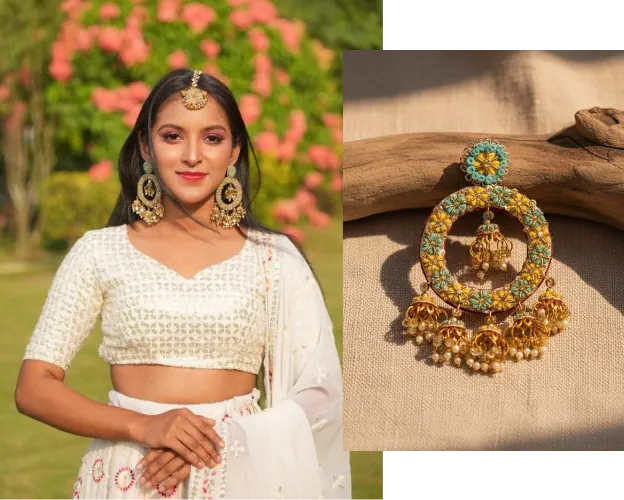A model posing while wearing handcrafted Craft Setter jewellery, shown alongside a detailed close-up highlighting the jewellery’s design and craftsmanship.