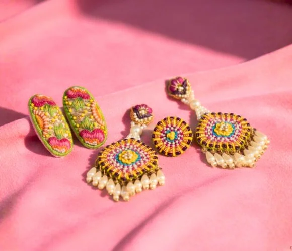 Craft Setter exclusive handcrafted collections, image shows a pair of hairclip, a pare of earring, and a ring. All are hand crafted fashion accessories.